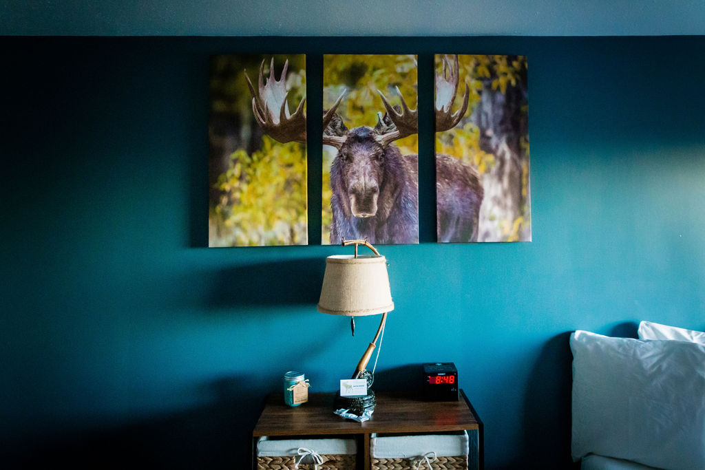 Triptych moose canvas above nightstand with woven baskets